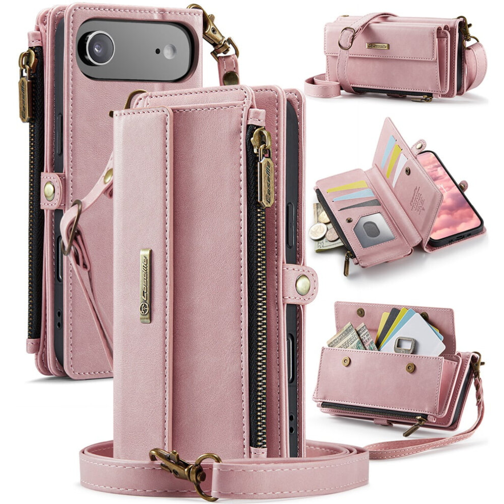 Caseme Wallet Case For Iphone Air 6.5-Inch – Rfid-Blocking Pu Leather, Kickstand, Wrist Strap, Zipper, Card Slots – Pink 9485826668701