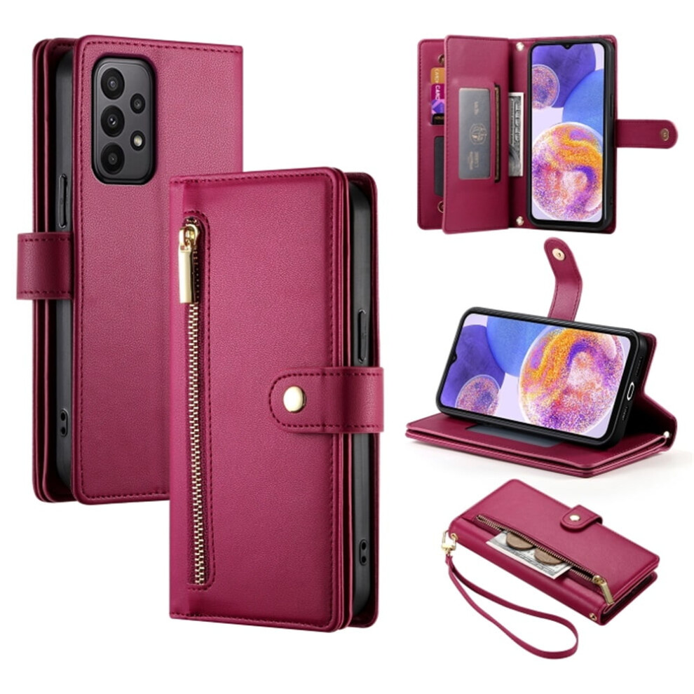 Leather Wallet Case For Samsung Galaxy A23 5G/4G (6.6"), With Multi-Card Slots, Zipper Pocket, Lanyard & Wristlet Â Compatible With A23 Red 9152228564091