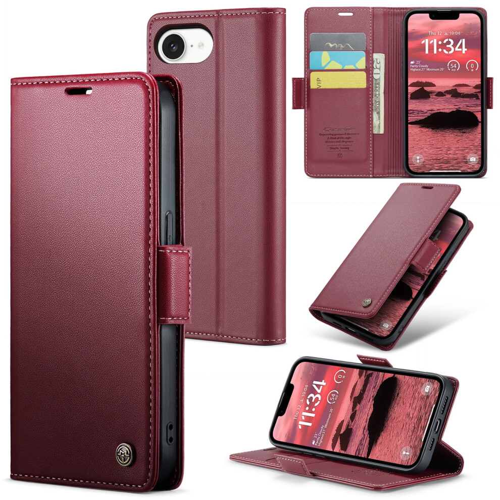 Caseme Leather Wallet Case For Compatible With Iphone 16E Â Rfid Blocking, Magnetic Clasp, Kickstand, Wine Red 9485826666264