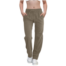 Teen Girls Casual Cotton Linen Pants Lightweight Summer Loose Fit Elastic Waist Solid Lounge Long Trousers Coffee 14-15 Years