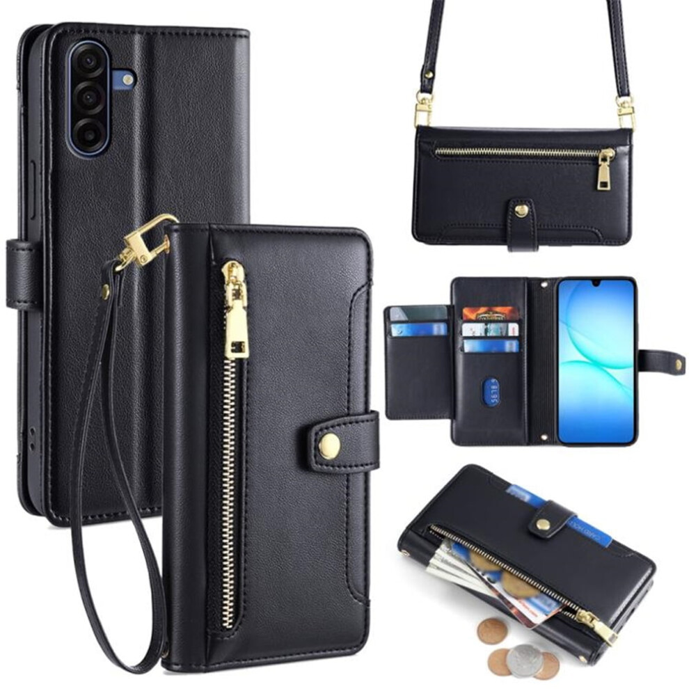 Leather Wallet Case For Samsung Galaxy S25 5G 6.2" Â 6-Card Holder, Zipper Bills Slot, Soft Sheepskin Strap, Black 9193271870388