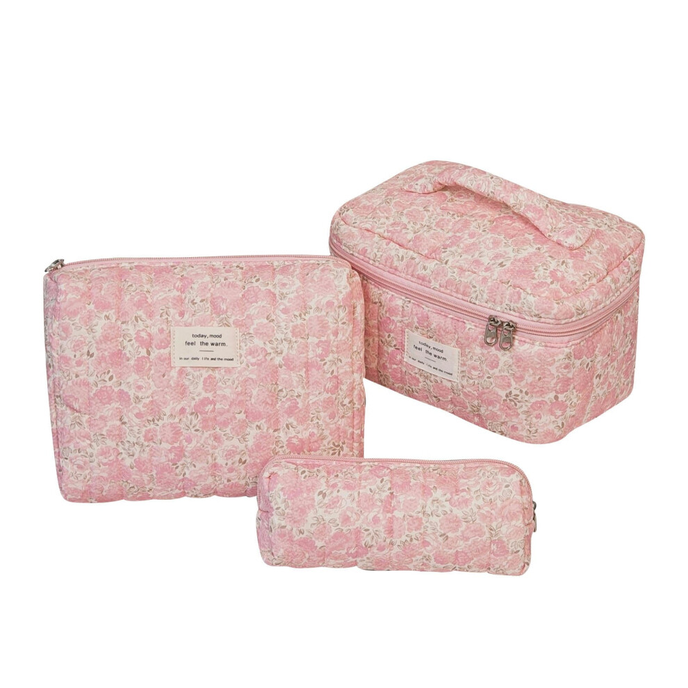 Large Travel Quilted Makeup Bag for Women, Floral Cotton Cosmetic Bag, Coquette Aesthetic Floral Toiletry Organizer Bag