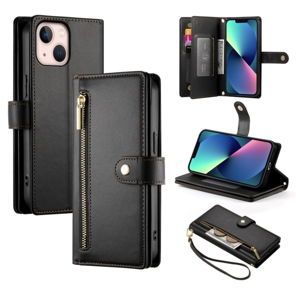 Iphone 13 Mini 5.4" Wallet Case Â Leather, Multi-Card Slots, Zipper Pocket, Lanyard Strap, Â Compatible With Iphone 13 Mini Black 9193271870791
