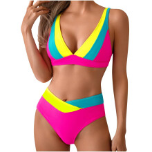Dames push-up bikini set, colorblock tweedelig, bescheiden badpak met hoge taille, buikcontrole, V-hals, sneldrogend, strandkleding