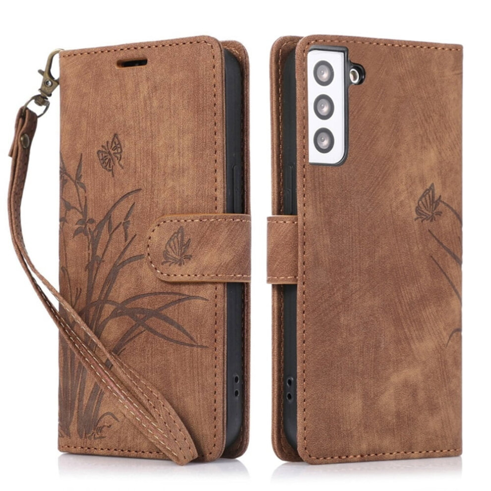 Leather Flip Wallet Case For Samsung Galaxy S21 Fe 5G Â Orchids & Butterflies Embossed, 3-Card Holder, Magnetic Closure, Brown 9152228565807