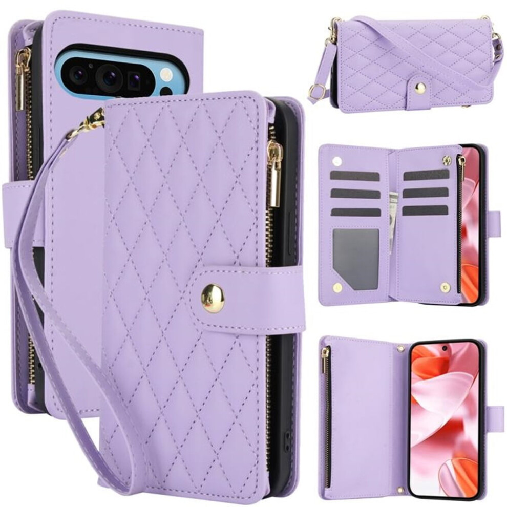 Rfid-Blocking Flip Wallet Case With Card Slots, Kickstand, Wrist Strap & Lanyard For Google Pixel 9 Pro Xl Purple 9418476728822