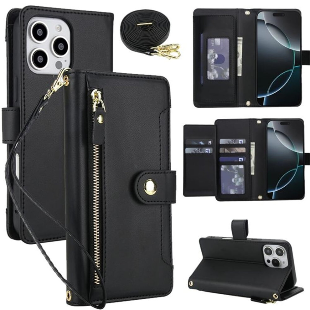 Rfid Blocking Wallet Case For Iphone 15 Pro Max 6.7" Â Shockproof, Multi-Card Slots, Zipper Pocket, Detachable Shoulder & Wrist Straps, Black 9418476729119
