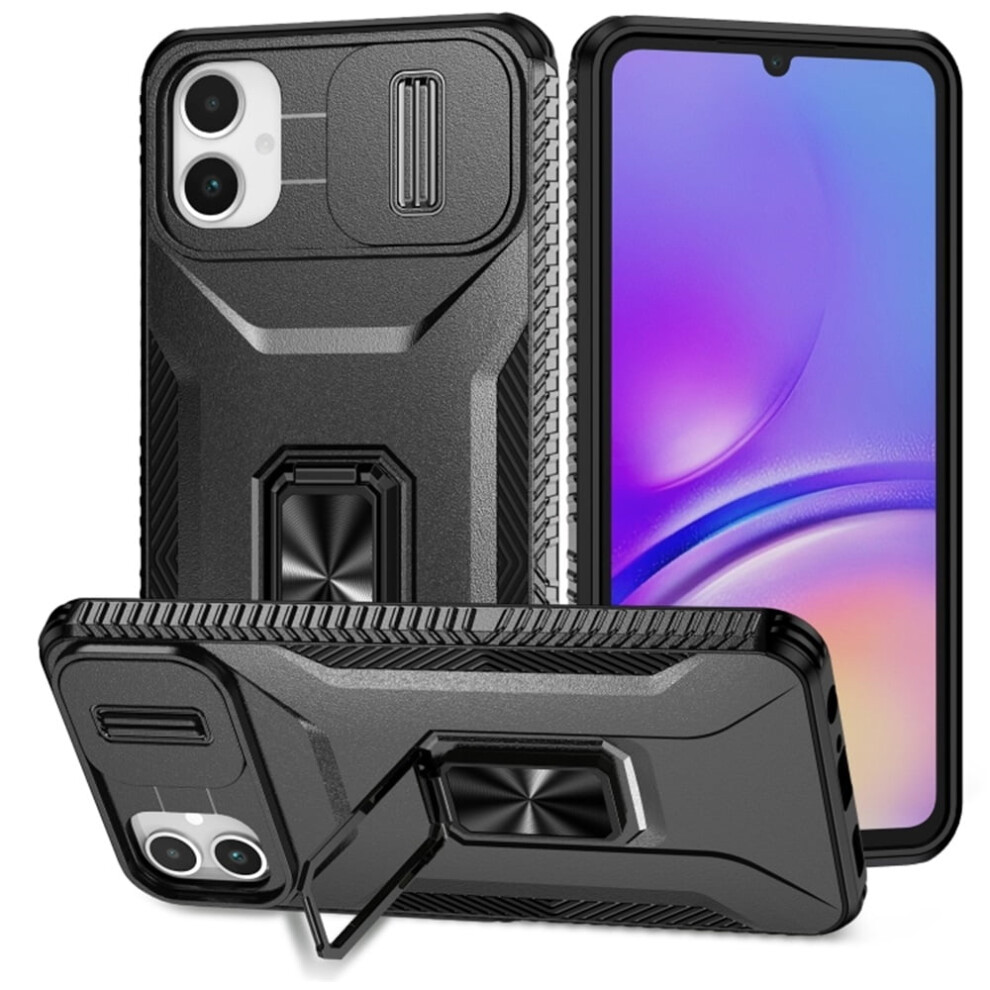Shockproof Hybrid Case For Samsung Galaxy A05 6.7" – Slim Fit, Slide Camera Cover, Rotated Ring Kickstand, Military-Grade, Black 9170372176212