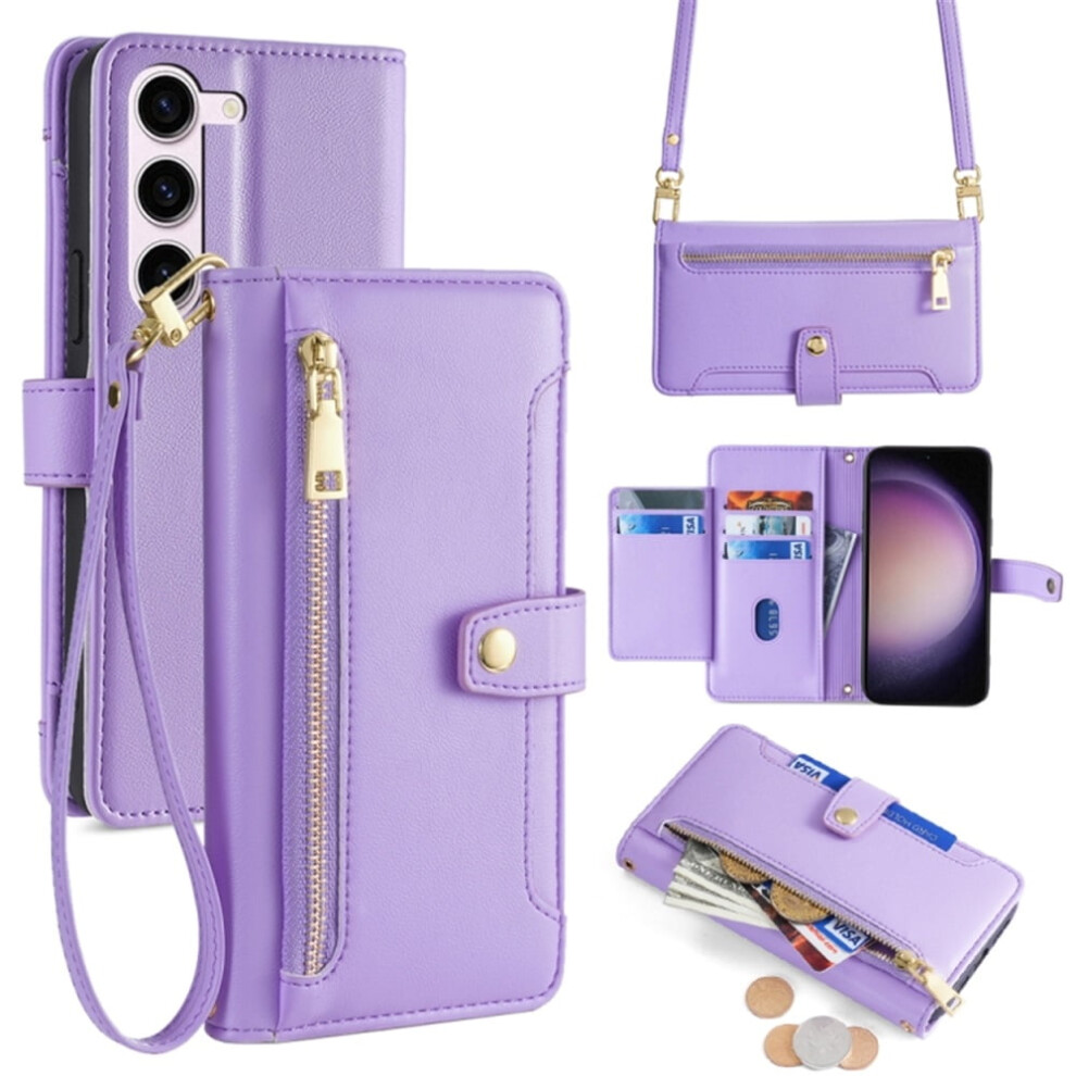Leather Wallet Case For Samsung Galaxy S23 Fe 5G 6.4" Â 6-Card Holder, Zipper Bills Slot, Soft Sheepskin Strap, Purple 9152228566576