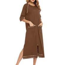 asdoklhq Silk Robes for Women Winter Warm Nightgown and Winter Nightdress Zip with Pokets Loose Pajamas Coffee S