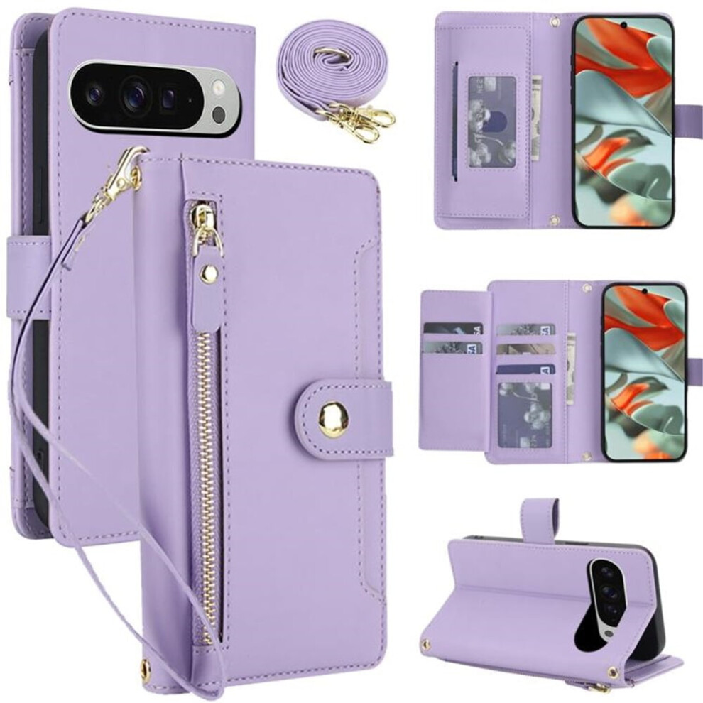 Rfid-Blocking Wallet Case For Google Pixel 9/9 Pro (6.3"), Shockproof, Multi-Card Slots, Zipper Pocket, Detachable Shoulder/Wrist Purple 9152228567146