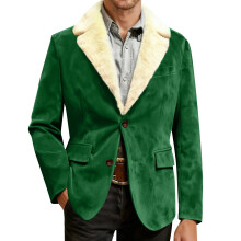 Men's Corduroy Blazer - Fleece-Lined Solid Color Warm Pocket Casual Suit Jacket, Green, M