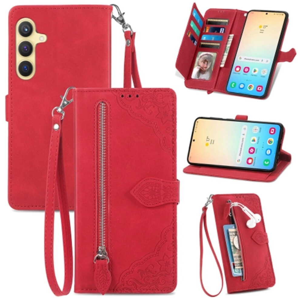 Compatible With Samsung Galaxy S25 5G 6.2" Pu Leather Magnetic Flip Wallet Case With Lanyard, Wristlet & Zipper Card Holder 9130661963534