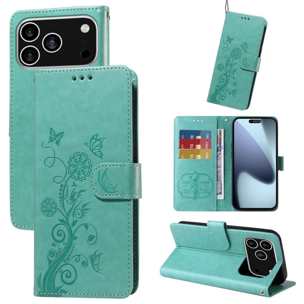 Embossed Butterfly Flower Flip Leather Case For Iphone 17 ProâShockproof, Kickstand, Card Slots & Cash Compartment Green 9152228564169