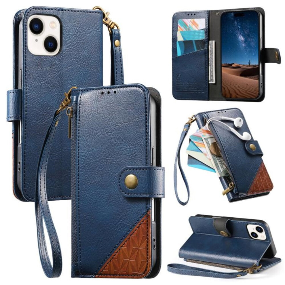 Compatible With Iphone 14 Plus: Patchwork Pu Leather Magnetic Flip Wallet With Lanyard, Wristlet & Zipper Card Holder 9152228564725