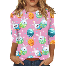 Tricou de Paște pentru femei cu mânecă 3/4 și imprimeu cu ouă, mărimea S-3XL