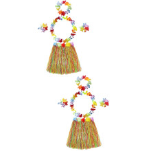2Sets Multi Color Hawaii Hula Skirt with Garland Plastic Party Costume