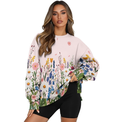 Oversize-Sweatshirt mit Gänseblümchenmuster für Damen, langärmelig