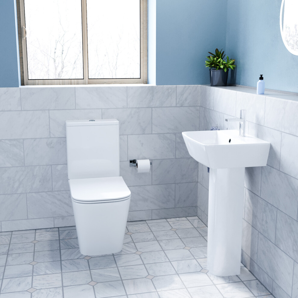 Nes Home 500Mm Square Modern Full Pedestal Basin With Modern Toilet White