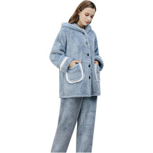 Losse loungewearset voor dames, warme fleece pyjama met sherpa capuchon, zachte comfortabele pyjama van flanel, pluizige loungeset met elastische