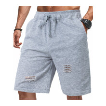(XL, Gray) Men's Summer Casual Shorts Solid Color Loose Ripped Casual Drawstring Waist Shorts with Pockets