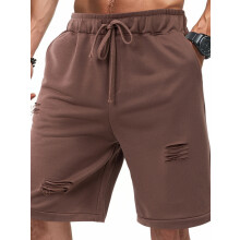 (M, Brown) Men's Summer Casual Shorts Solid Color Loose Ripped Casual Drawstring Waist Shorts with Pockets