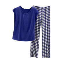 Women's Casual Crew Neck Top and Plaid Pants Set Dark Blue