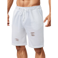 (XL, White) Men's Summer Casual Shorts Solid Color Loose Ripped Casual Drawstring Waist Shorts with Pockets