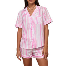 (S, Pink) Women's 2 Piece Lounge Set Short Sleeve Lapel Tops Striped Shorts Sleepwear Sets