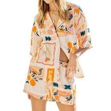 (L, Apricot) Women's Casual 2 Piece Outfits Half Sleeve Abstract Print Button Up Shirt + Shorts Set Vacation Clothes