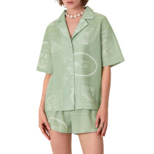 (S, Cyan) Women's 2 Piece Summer Set, Graphic Print Lapel Neck Short Sleeve Button Down Shirt Elastic Waist Shorts Casual Outfits
