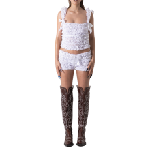 (M, White) Women's Casual 2 Piece Outfits Sleeveless Square Neck Ruffle Tank Tops + Shorts Set Loungewear