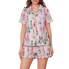 (L, Pink) Women's 2 Piece Lounge Set Short Sleeve Lapel Tops Bottles Print Shorts Sleepwear Sets