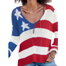 (S, Blue) Women's 4th of July Knit Tops Flag Star Stripe Print Long Sleeve V-Neck Slit Hem Slim Knitwear