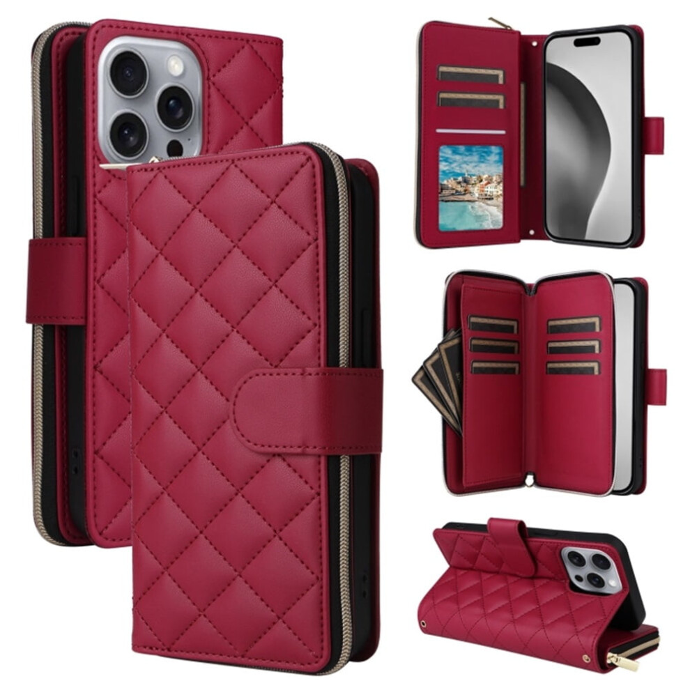 Iphone 15 Pro Max Magnetic Flip Wallet Case Wine 9-Card Red 9152228980358