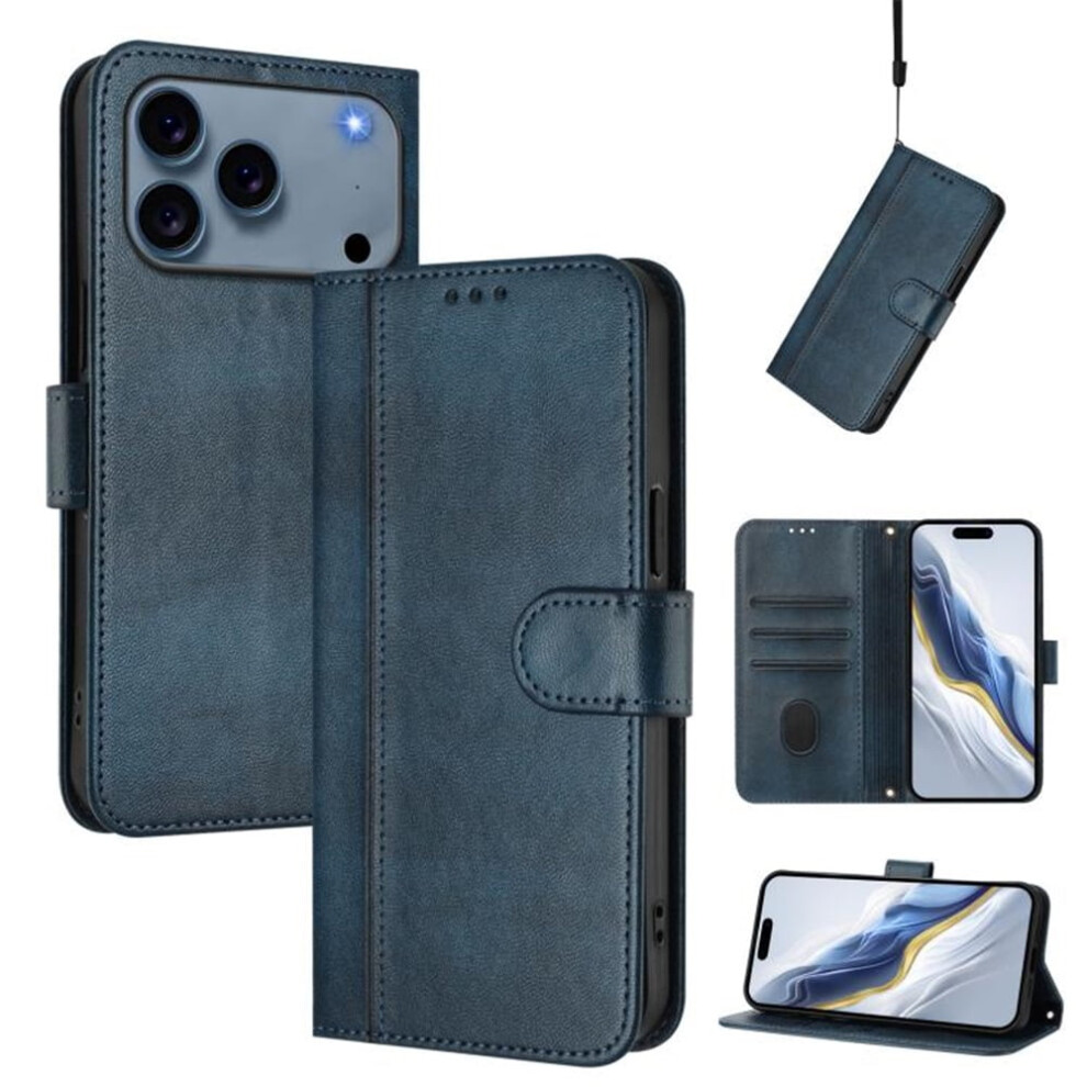 Dark Flip Leather Wallet Case With Card Holder & Wrist Strap For Compatible With Iphone 17 Pro Max 6.9" Â Shockproof Blue 9193271876045
