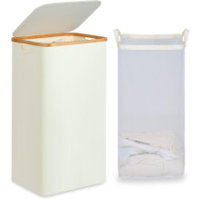 Mein Wäschekorb mit Deckel und herausnehmbarem Beutel, 100 l hoher Wäschekorb mit Bambusgriffen, Beige – Geeignet für Waschküchen, Badezimmer,