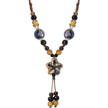 Lange Boho-Halskette mit floralem Keramik-Perlenmuster im Vintage-Stil, individueller Schmuck für Damen