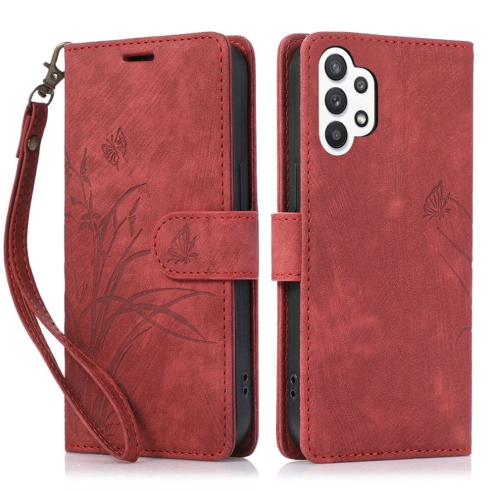 Leather Flip Wallet Case For Samsung Galaxy A13 4G/5G Â Orchids & Butterflies Embossed, 3-Card Holder, Magnetic Closure, Red 9418476733130