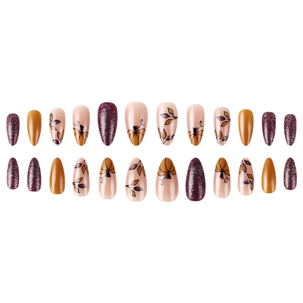 Fall Flase Nails Press on Nails Halloween Almond On Nails with Pumpkin Leaf for Women Thanksgiving Nails Art