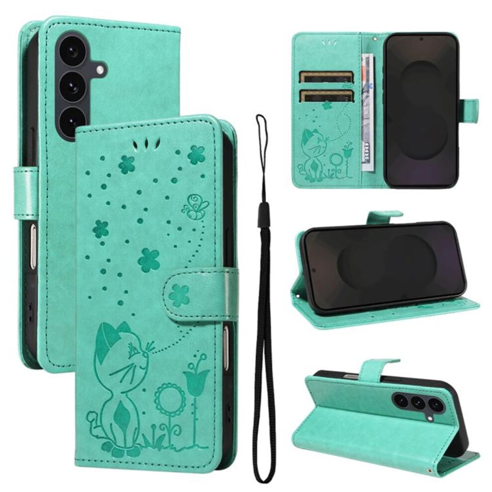 Cat & Bee Patterned Pu Leather Flip Wallet Case With Magnetic Closure & Card Slots For Samsung Galaxy S25 Fe 5G 6.7" Â Green 9193271871729