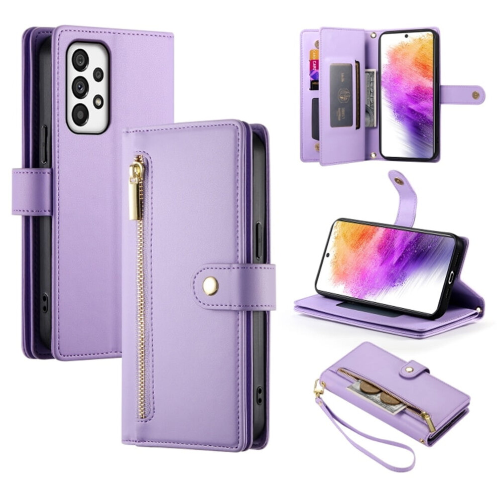 Leather Wallet Case For Samsung Galaxy A73 5G Â Multi-Card Slots, Zipper Pocket, Lanyard Strap, Wristlet Purple 9152228570757