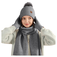 Winter Wool Knit Set, Plush Lined Beanie with Faux Fur Ball, Windproof Scarf and Gloves, 3-Piece Cold Weather Set, Matching Ski Accessories Grey