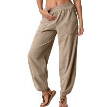 Modische, einfarbige, lässige Cropped-Hose für Damen mit Taschen, Khaki, Größe S