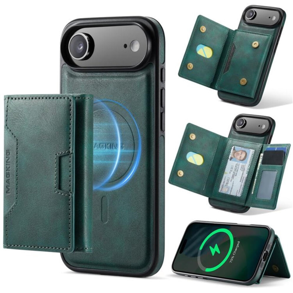 Rfid-Blocking Leather Case For Iphone Air 6.5", Magsafe, 7-Card Slots, Kickstand, Flip & Shockproof, Green 9193271872115