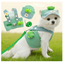 Cute Cartoon Pet Harness & Leash Set, Adjustable Chest Harness + UV Cap, 3-Piece, for Small Dogs/Cats (Green, L)