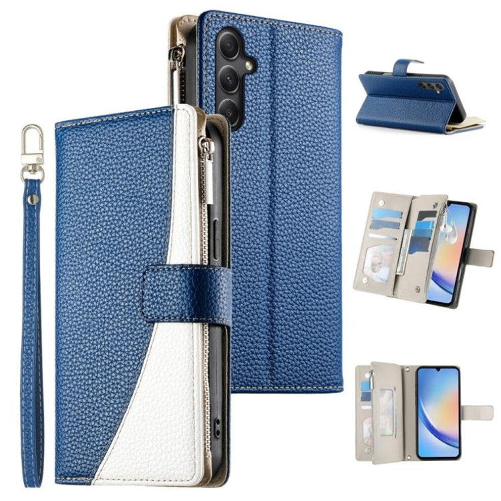 Dark Pu Leather Flip Wallet Case For Samsung Galaxy A34 5G (6.6") Â Multi-Card Slots, Zipper Pocket, Strong Magnetic Closure, Hanging Rope, Blue 9418476733888