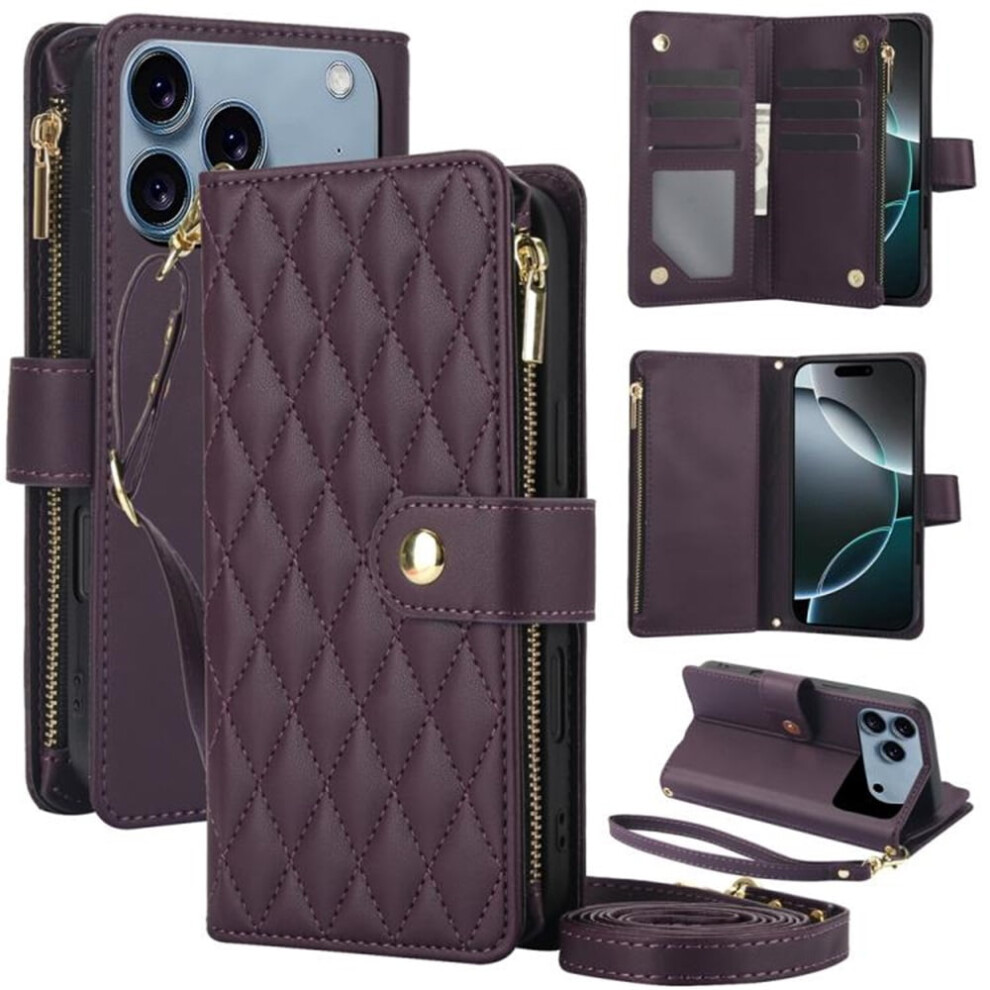 Rfid-Blocking Flip Wallet Case For Iphone 17 Pro Max 6.9" Â Dark With Card Slots, Kickstand, Wrist Strap, Lanyard & Zipper Purple 9152228573512