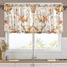 Cute Highland Cows Curtains Sets Short Curtain Rod Pocket Half Window Cafe Farmhouse Tier 2 Panels 57"W x 36"L