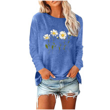 Dame sweatshirt med rund hals og margueritprint, langærmet, bomuldstoppe med grafisk print, afslappet, løs pasform, pulloverskjorter til